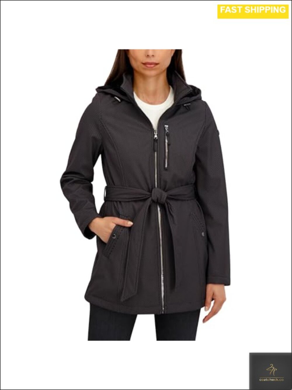 Belted Softshell Transitional Jacket Wind Water Resistant Hooded Fitted